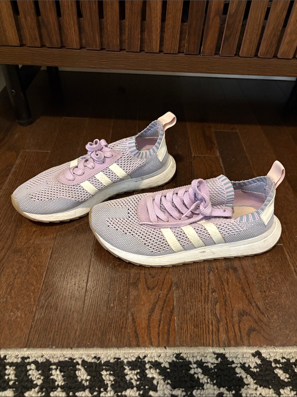 adidas Women’s Light Lavender Knit Lace-Up Sneakers with White Stripes - Picture 3 of 6